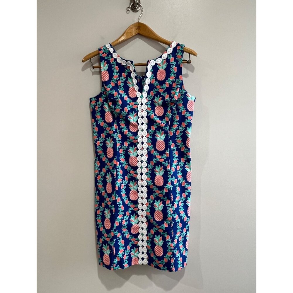 Crown & Ivy Shift Dress Womens 10 Blue Pineapple Print V-Neck Resortwear